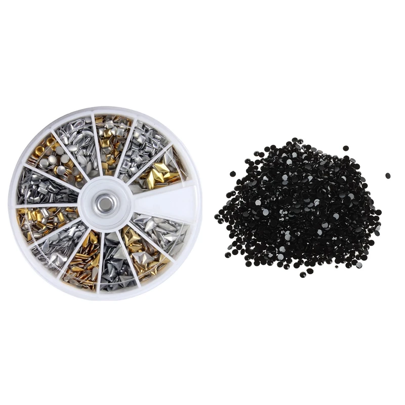 

600 Pcs 3D Design Nail Art Different Metallic Studs & 2000Pcs Crystal Flatback Acrylic Rhinestones Beads Nail Art(Black)