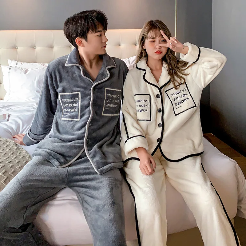 New Flannel Couple Pajamas for Women and Men Thickened Plus Velvet Coral Fleece Homewear Clothes Sleepwear Pajamas Set пижама