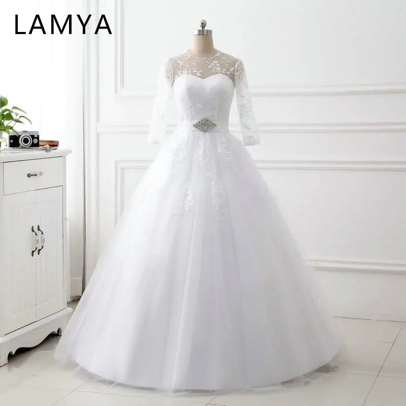 

LAMYA Elegant Wedding Dresses Long Lace Sleeve Simple Crystal Sashes Wedding Dress White Cheap Bridal Gown Vestido De Noiva Full
