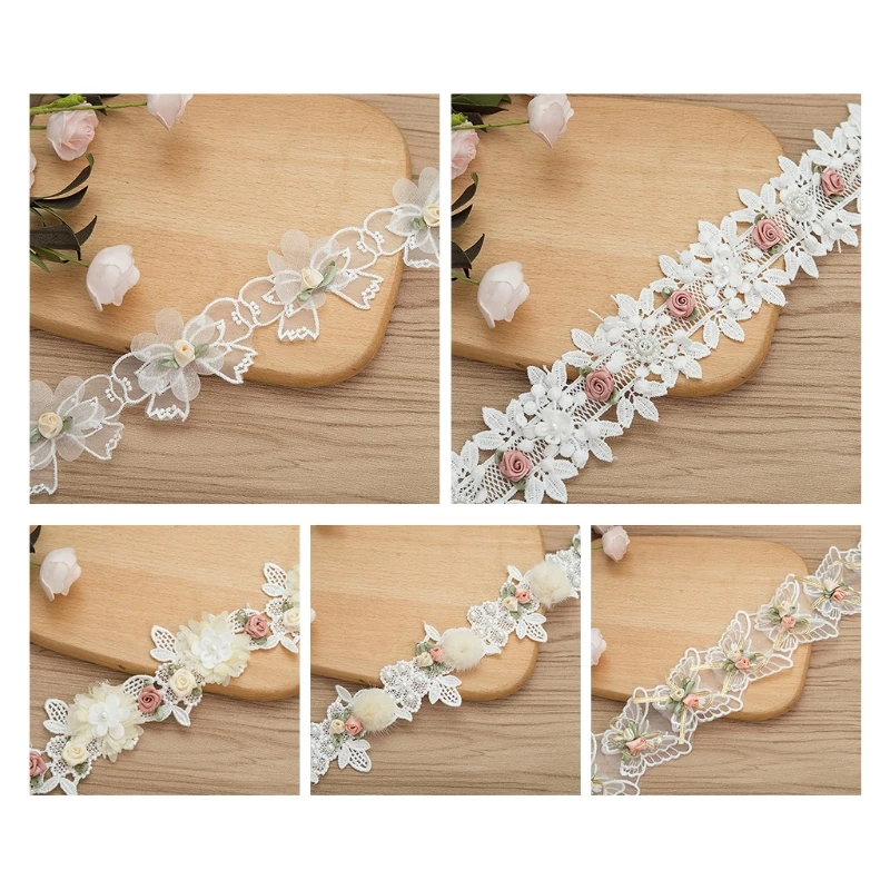 

1 Yard Rose Flower Embroidery Lace Trim Ribbon Pearl Beaded DIY Sewing Applique N7MF