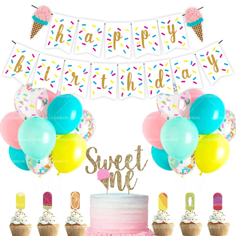 

Летний набор для украшения мороженого, латексный яркий баннер на день рождения, топперы для торта, набор для украшения детского дня рождени...