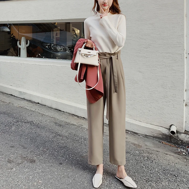 Женские брюки карандаш TongLord с высокой талией и поясом карманами длиной до