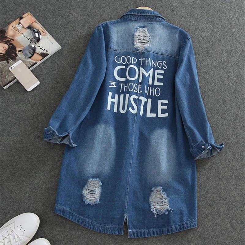 Винтажная женская джинсовая куртка размера плюс весенне осенняя с дырками