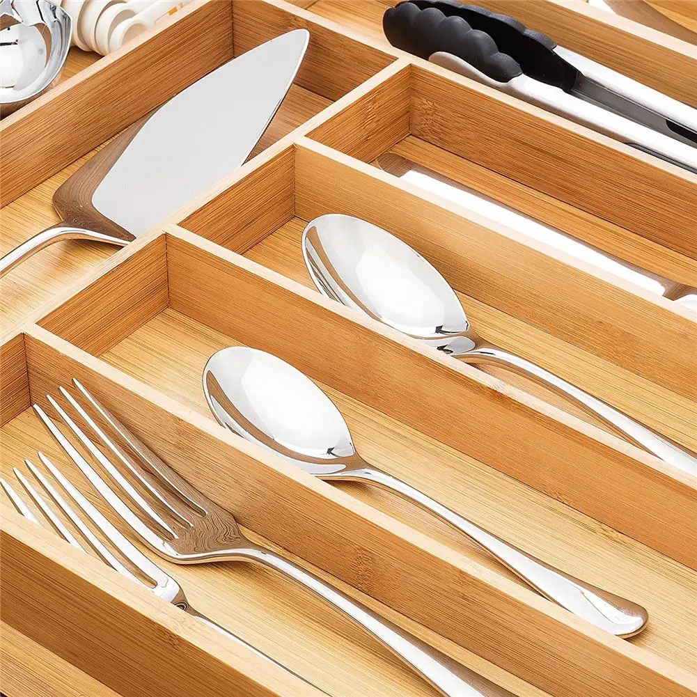 Bamboo Drawer Organizer Wooden Utensil Flatware Holder Kitchen Drawer Storage Box 6 Grid Cutlery Storage Box Household Organizer