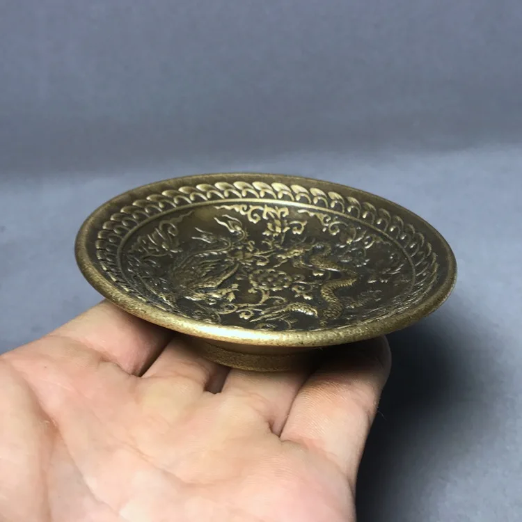 

LAOJUNLU Brass Pen Wash Dish Dragon And Phoenix Bowl Relief Imitation Antique Collection Wenfang Four Treasures Xuanzi Bottom
