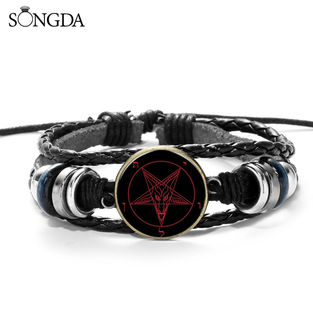 Baphomet Inverted Pentagram Bracelet Retro Goat Head Braided Leather Bracelet Men Wristband Satanism Devil Occult Jewelry