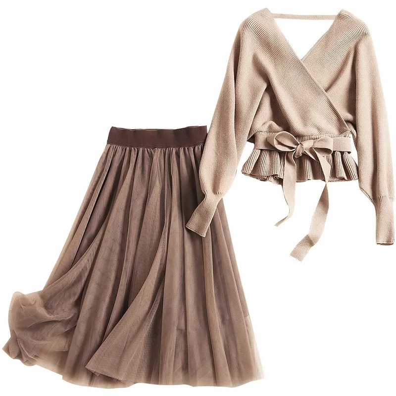

Womens sexy kimono V-neck knit sweater tops backless pullovers mesh tutu skirts suits autumn winter two piece set 2019 new brown