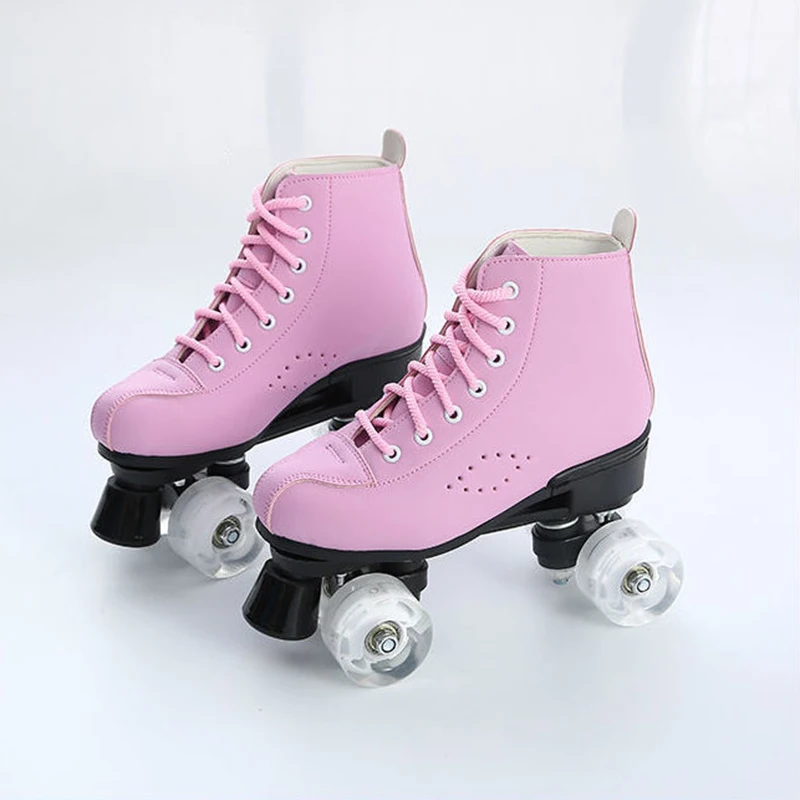 Adult Pink Artificial Leather Roller Skates Shoes Double Row Patines With 4 -Wheel Outdoor Sports Sneakers Europe Size 36-45