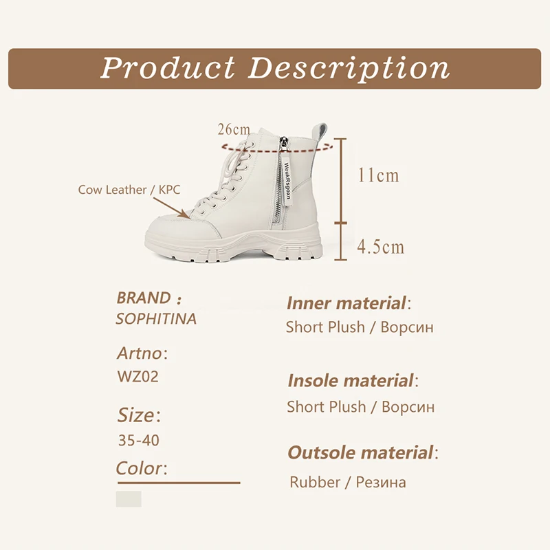 

SOPHITINA Women's Shoes Leisure Sport Genuine Leather White Ankle Boots Round Toe Zipper Lace-Up Comfortable Women Boots WZ02