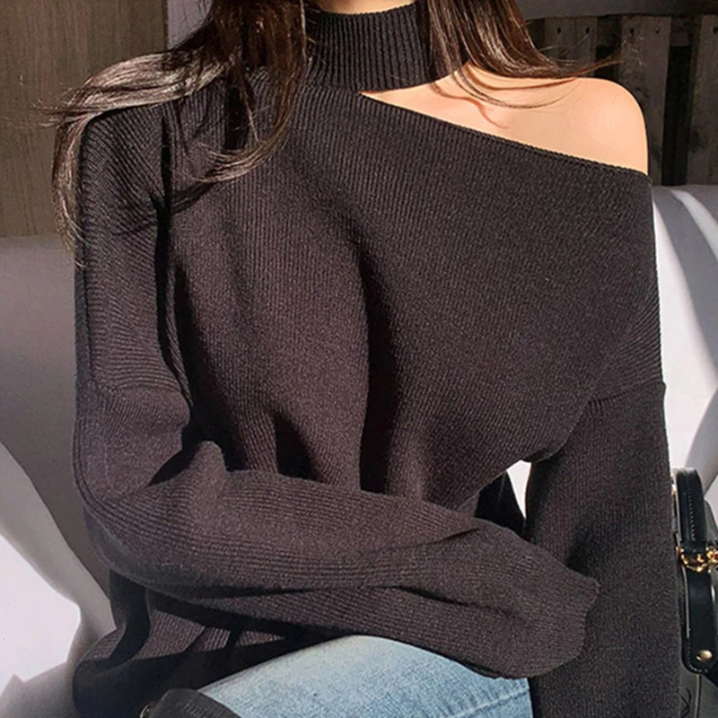 

Halter Bare Shoulders Knitted Office Ladies Winter Autumn Loose Irregular Casual Elegant High Street Sweaters Tops