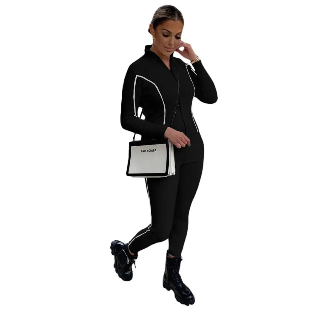 

Casual Tracksuits Suit Jogger Pants Zipper Jacket +Long Pants Color Patchwork Sportsuit Outfits Women Clothing