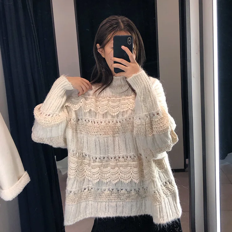 Женский вязаный свитер Свободный пуловер с длинным рукавом и круглым вырезом в