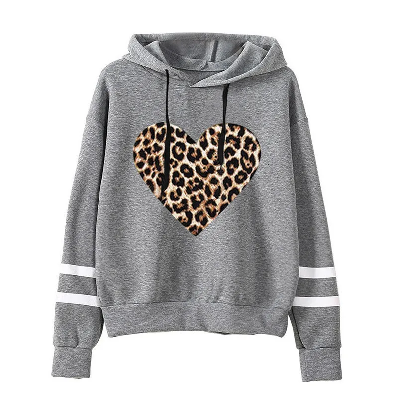 

Women Hoodie Leopard Heart Printed Hoodies Women Double Striped Long Sleeve Fleece Sweatshirt with Hat Girls Pullovers Winter