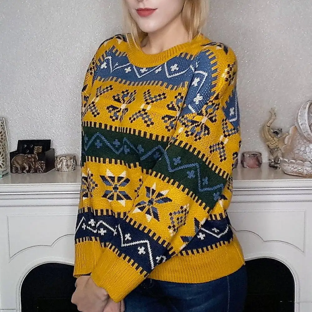 RUGOD Women 's Sweater Christmas O-neck Long Sleeve Vintage Loose Pullovers Casual Lady Fluffy 2019 Winter | Женская одежда