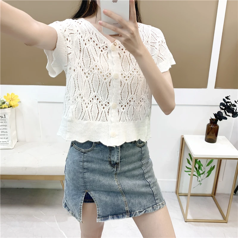 

MissLymi Hook Flower Hollow Knitted Shirt 2021 Korean Loose Single Breasted V-neck Short Sleeve Blouse Ladies Vintage Short Tops