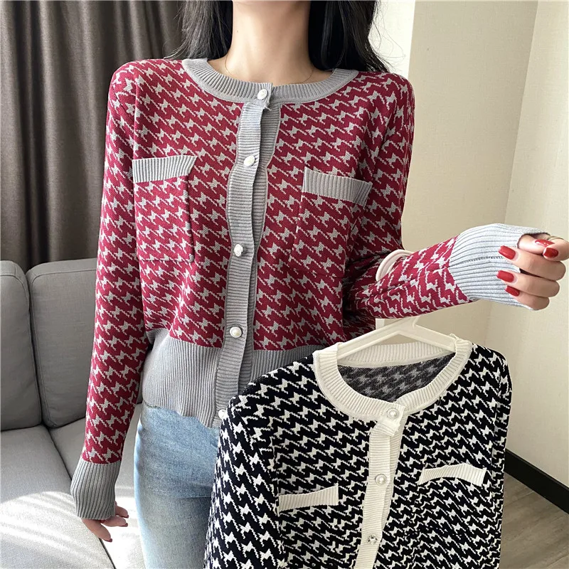 

Women O-Neck Knitted Full Sleeve Houndstooth Cropped Sweaters Cardigans Lady Patchwork Plaid Sweater Shirts Crop Tops Female