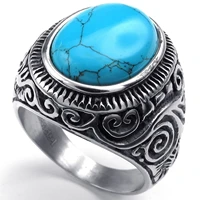 vintage pattern carved color stone inlaid high quality metal punk ring mens classic style rock party jewelry