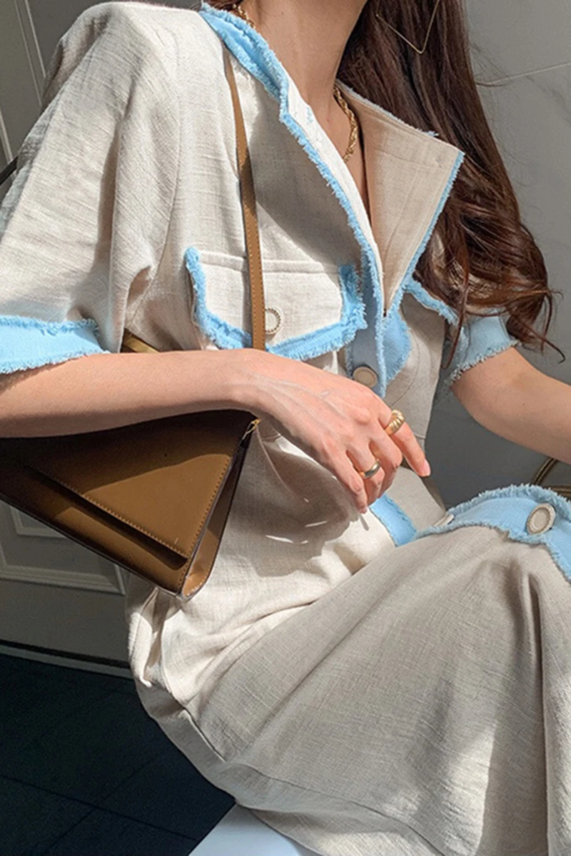 

Korejpaa Women Dress 2021 Summer French Temperament Edging Raw Edge Contrast Stitching Single-Breasted Short-Sleeved Vestidos
