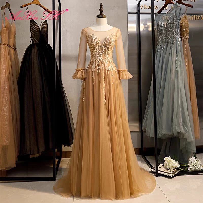 

AnXin SH princess golden lace evening dress vintage party o neck beading crystal long flare sleeve bride lace up evening dress