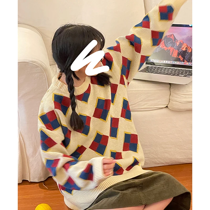 

Vintange Women Sweaters Japanese casual diamond pattern Pullover Elegant Oversize Knitted Sweater O-Neck Long Sleeve clothes