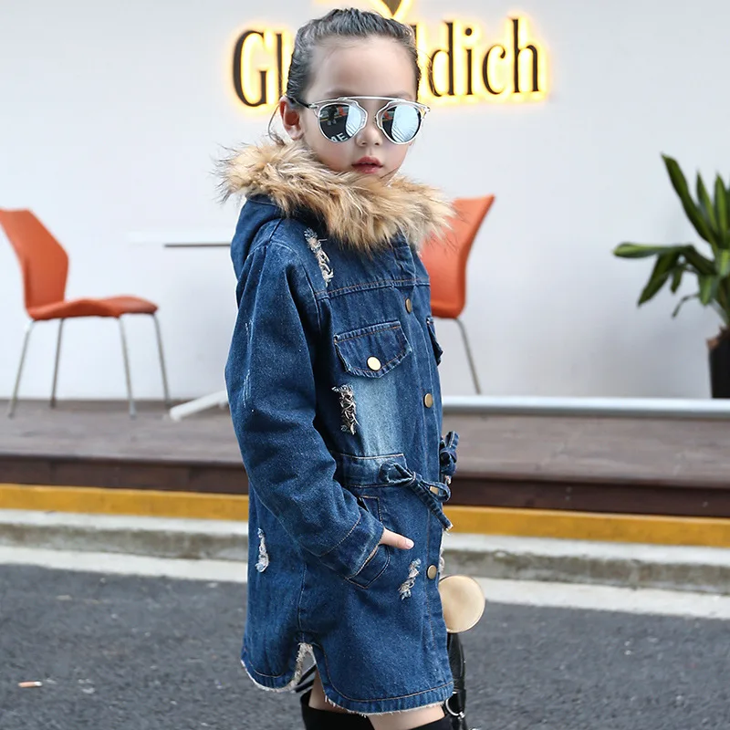 

New Children girls denim jacket long large fur collar cotton denim hooded outerwear Winter warm plus thick velvet casual coat