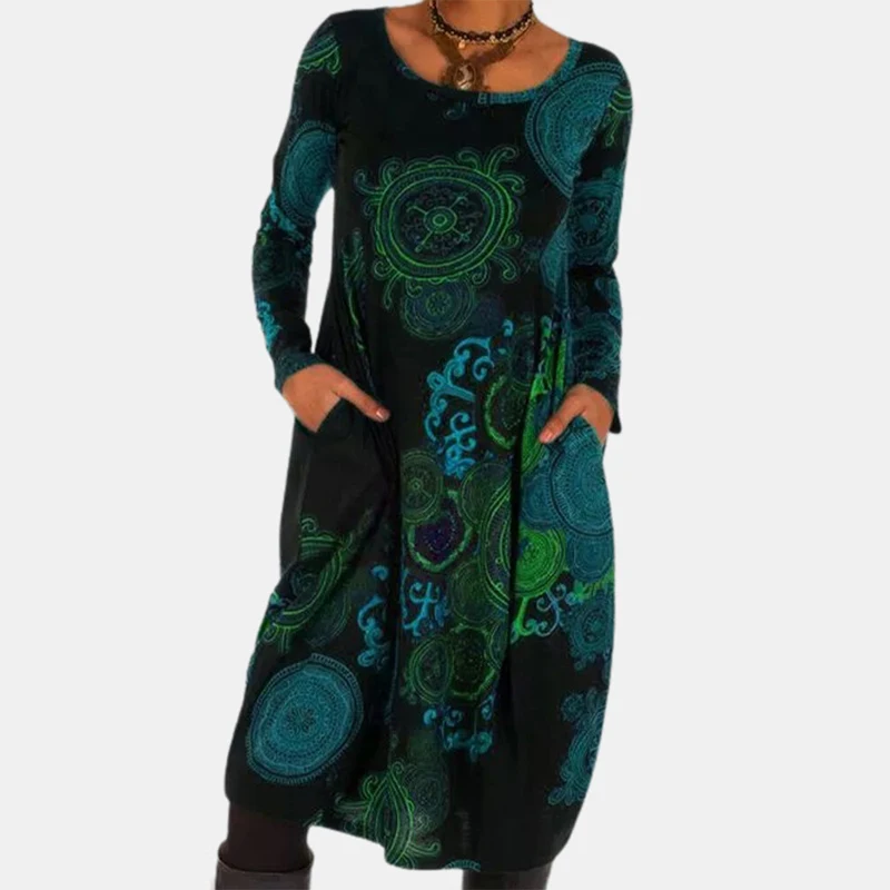 

Women Retro Floral Print Pocket O Neck Party Dresses Spring Autumn Long Sleeve A-Line Midi Dress Ladies New Casual Loose Dresses