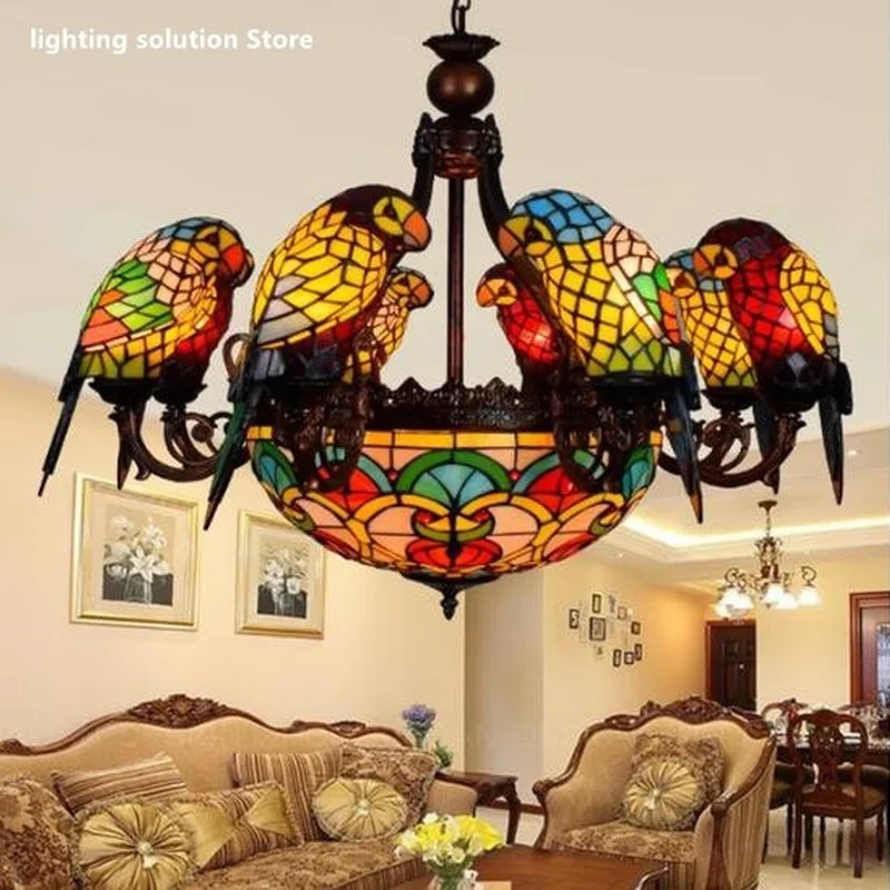 구매 다채로운 유리 앵무새 펜던트 샹들리에, 크리에이티브 럭셔리 바 클럽 거실 로비 침실 램프