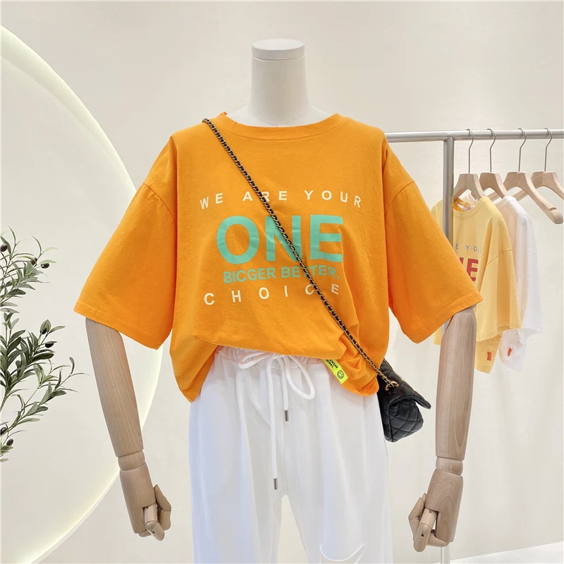 

2021 Summer New Korean Printed round Neck Short Sleeve Versatile Loose Fashion Cotton Short Bottoming Top T-shirt for Women