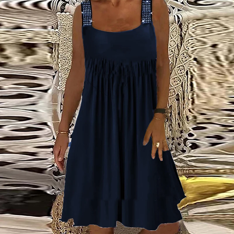 Женское винтажное платье на бретельках однотонное повседневное свободное