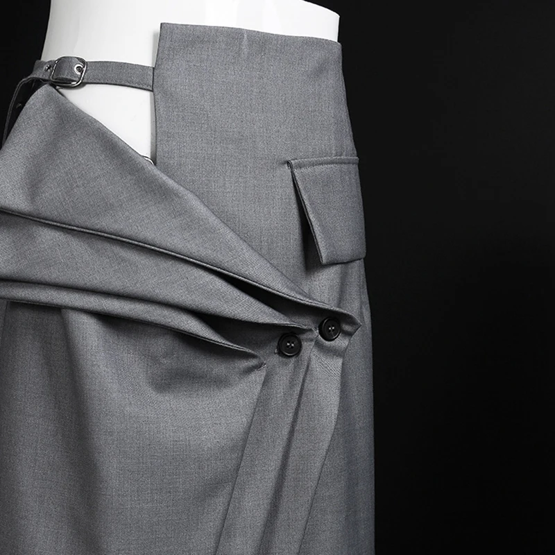 

[EAM] High Waist Gray Irregular Layers Pleated Hollow Out Half-body Skirt Women Fashion Tide New Spring Autumn 2021 1DC278