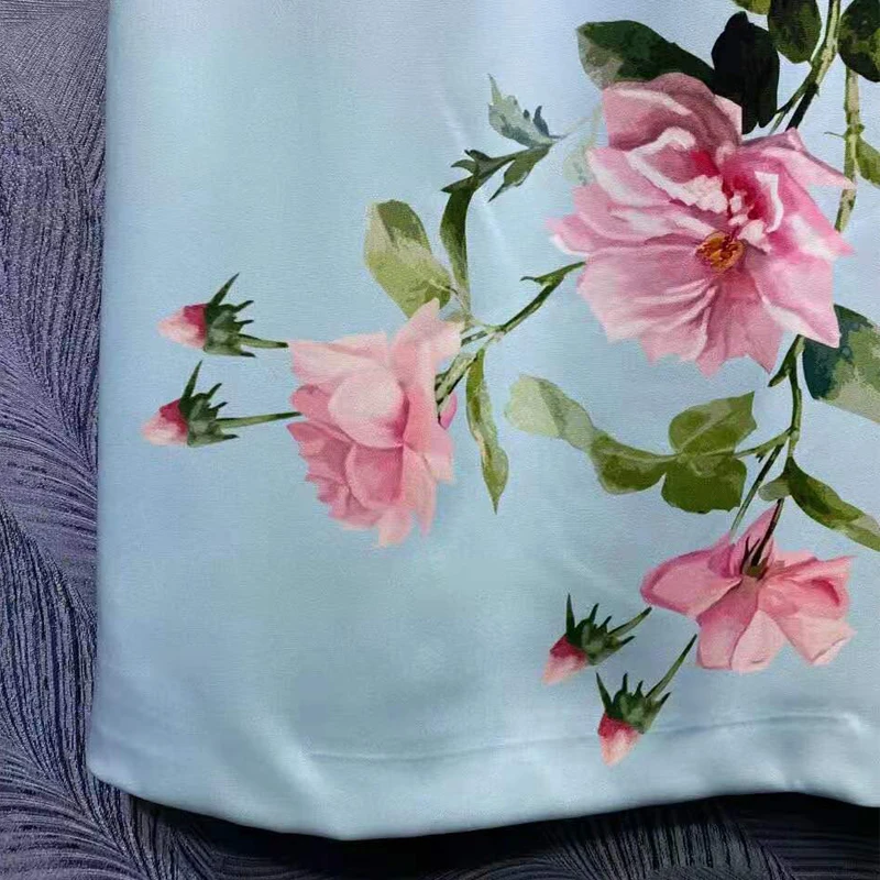 

SEQINYY Blue Dress Summer Spring New Fashion Design Women Runway Pink Flower Print Pleated A-Line Knee Elegant Casual