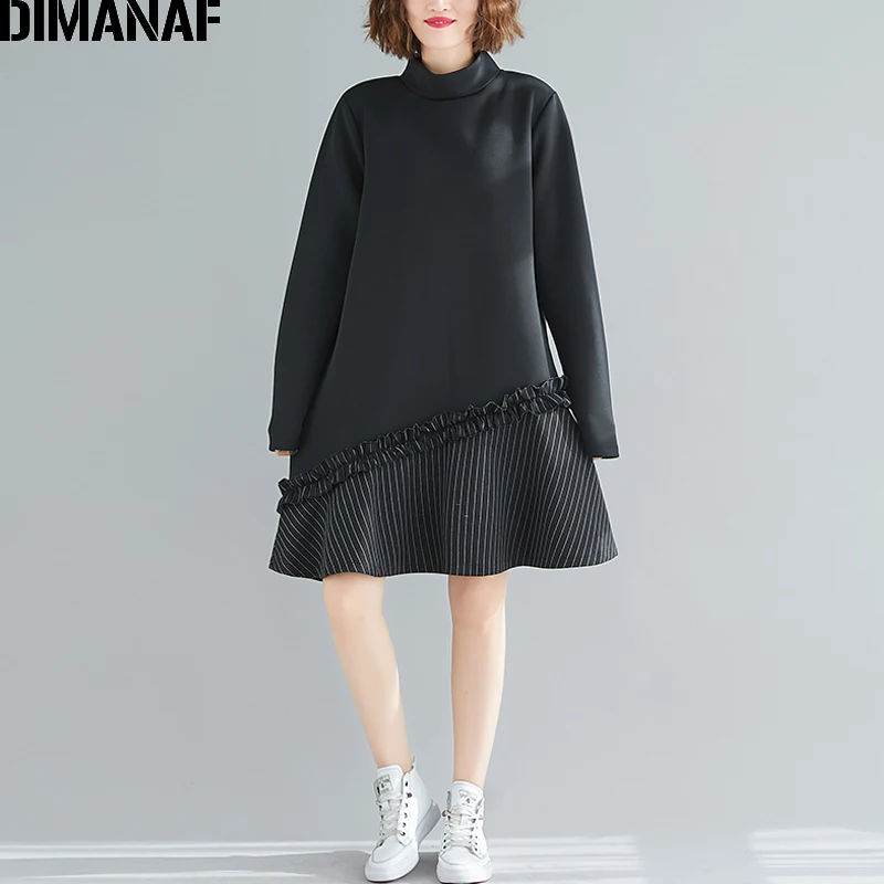 Женское платье в полоску DIMANAF черное утепленное из хлопка с соединением внакрой