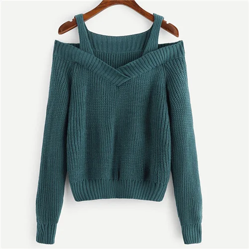 Зеленый Dotfashion Повседневное зеленый с открытыми плечами укороченный свитер Для женщин сезон: весна-лето белый V образным вырезом Базовая свитера женские одноцветное на бретелях Топ - Цвет: Зеленый