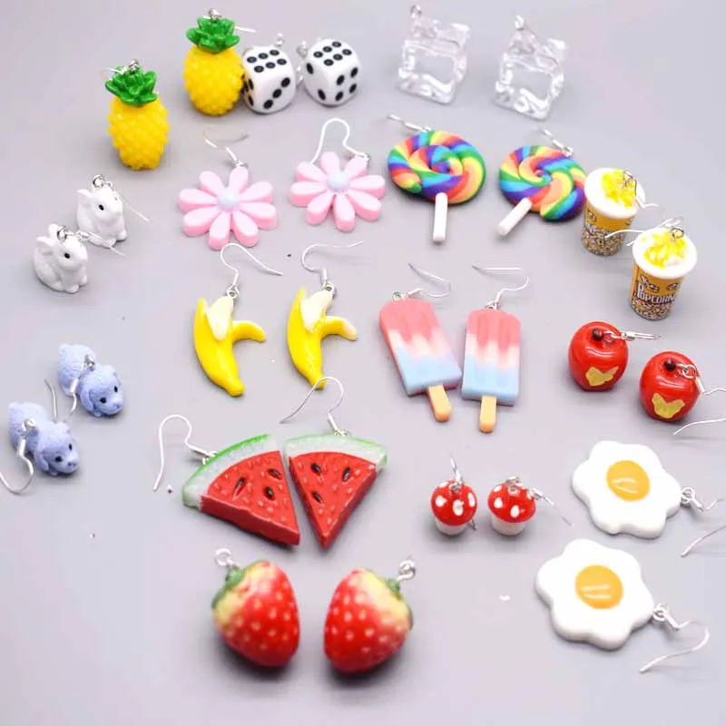 Earrings For Women Resin Handmade Cartoons Rainbow Lollipop Ice Strawberry Popcorn Pineapple Banana  Drop Funny Gift