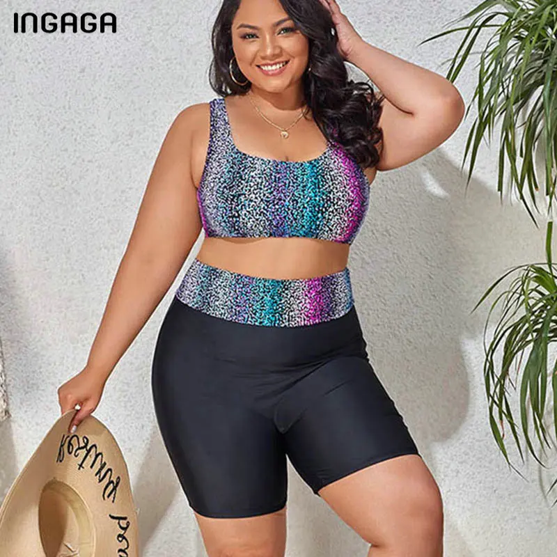 

INGAGA Plus Size Bikinis Set Women's Swimwear Boyleg 2021 Swimsuit Print Bathing Suits Beach Wear Gradient Biquini Summer