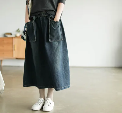 

Jean Skirt Front Pockets Long Moda Femme Denim Casual A-Line Faldas Jupe Washed
