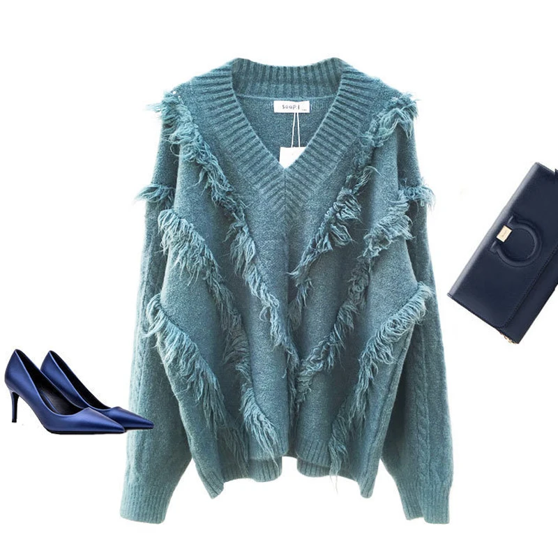 Autumn Winter Solid Knitted V--Neck Sweater Women Casual Loose TOP Female Long Sleeve Knit Tassel Sweaters | Женская одежда