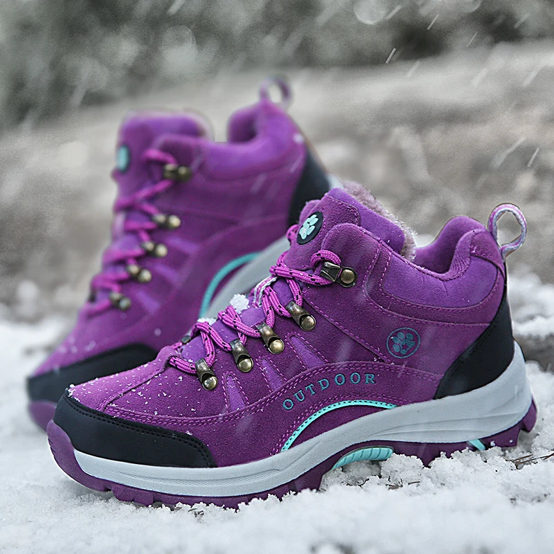 Outdoor Purple Ladies Snow Hiking Shoes Waterproof Mountain Boots Mens Womens Winter Hiking Boot Fashion Trekking Boots Woman