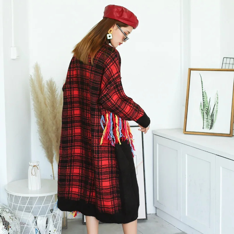 Корейское модное контрастное цветное платье-свитер большого размера клетчатое
