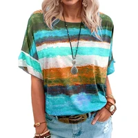 women blouse contrast color print summer loose round neck t shirt for party short sleeve loose t shirt plus size for daily wear