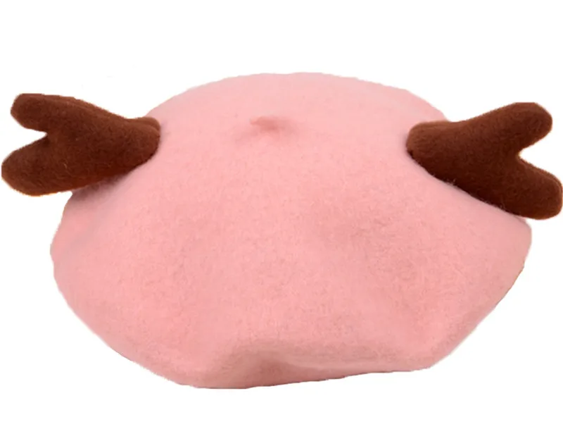 JOYHY Cute Kids Girl Boys Reindeer Horn Cartoon Wool Artist French Style Berets Cap Hats 2021 Children Christmas Baret Flat Hat