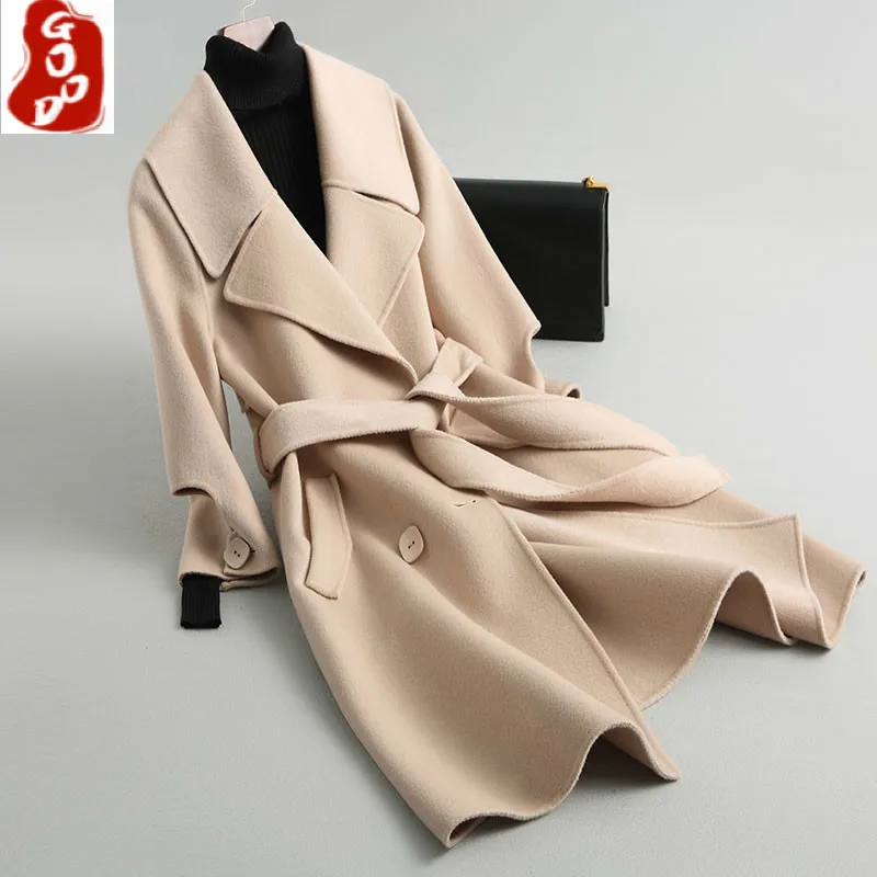 

Winter Coat Female Real Wool Long Jacket Women Clothes 2021 Autumn Korean Sheep Shearing Coat + Belt Elegant Coats