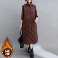 retro quilted diamond dress thick stitching warm autumn winter clothing new plus size womens high neck casual long tunic y750
