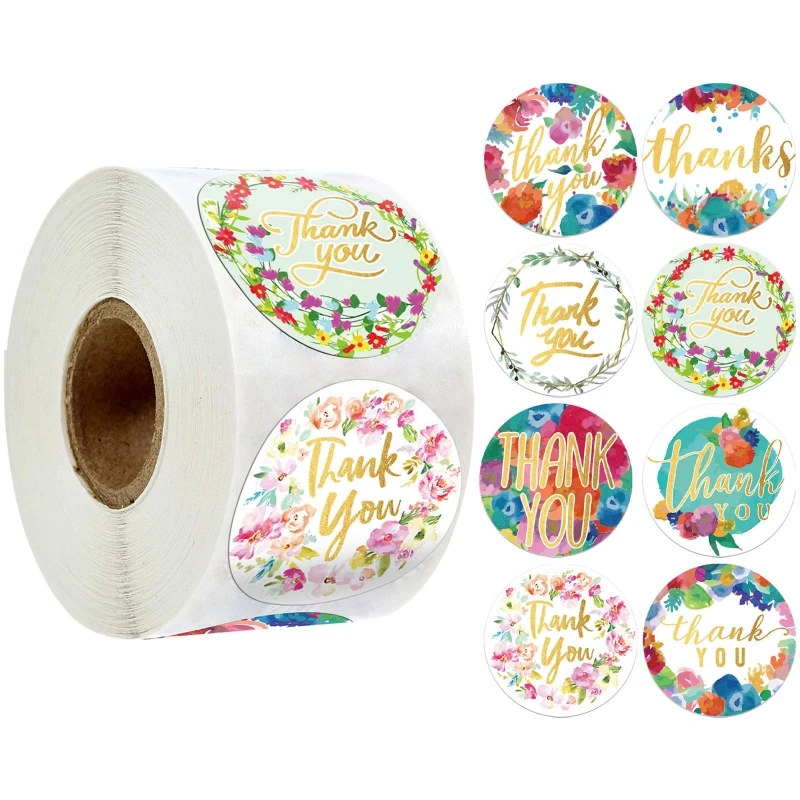 

500Pcs/Roll 8 Styles Round Floral Thank You Stickers Gift Packaging Seal Labels