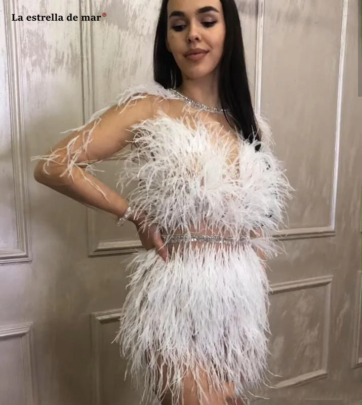 Vestidos de coctel de noche2019 Новое кружевное платье с перьями и бриллиантами, с длинным рукавом, сексуальное платье цвета слоновой кости с косичкой, мини-платье ALine на заказ abiti d