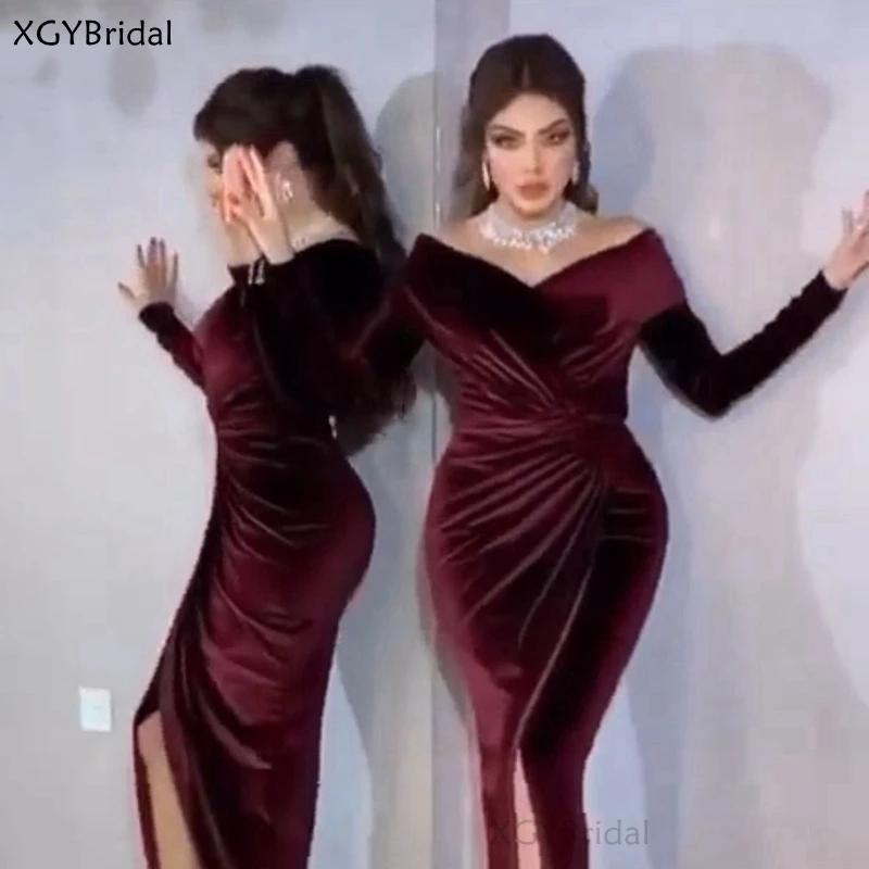 Женское вечернее платье-русалка бордовое велюровое платье с длинным рукавом и