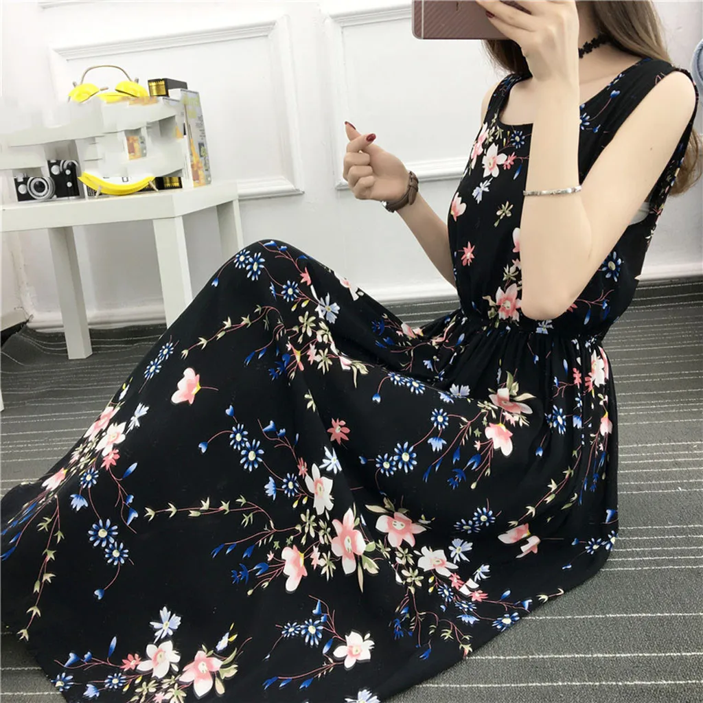 Женское длинное платье с круглым воротником без рукавов жилет цветочным принтом