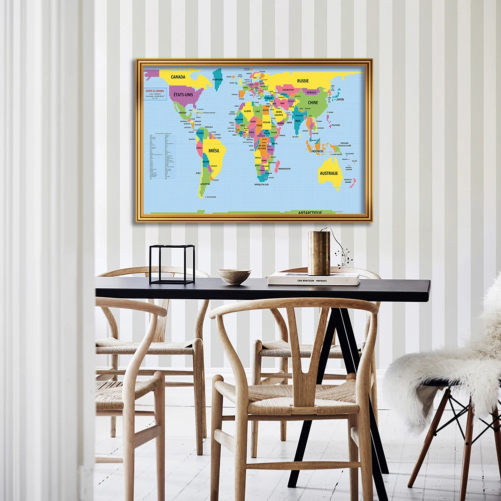 

French Language World Map with Political Distribution Wall Art Pictures Posters and Prints Children School Supplies 90x60cm