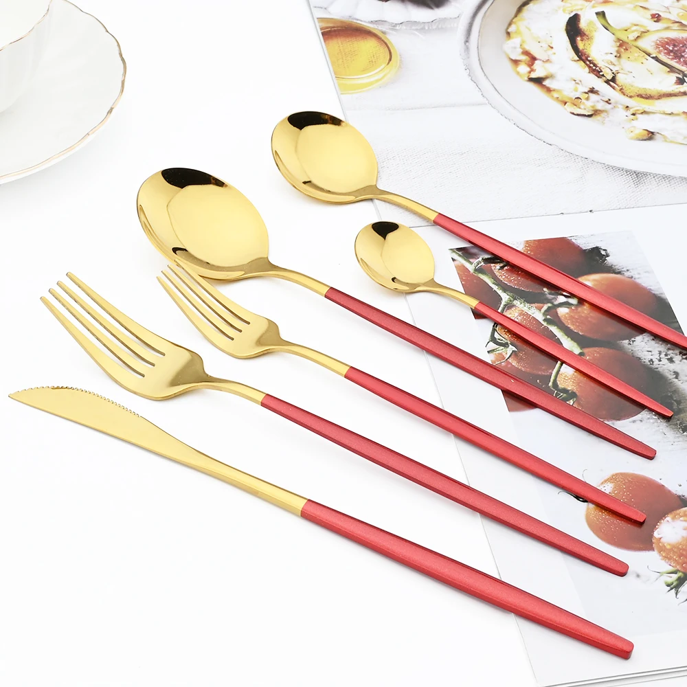 Red Gold Flatware Set Western Dinner Knife Spoon Fork Dinnerware Silverware Kitchen Tableware