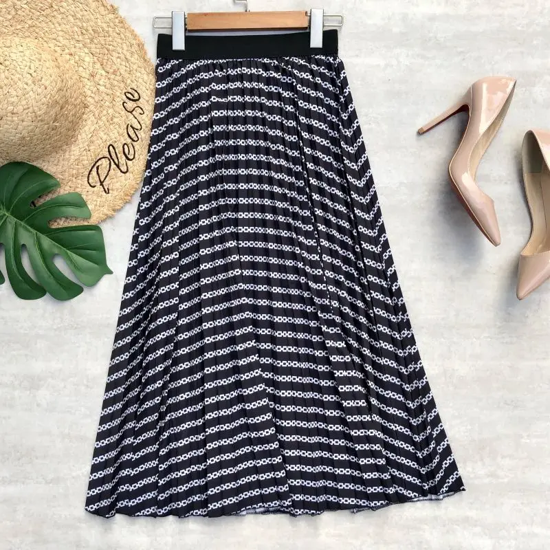 

Fashion Summer Midi Skirts Women Chains Print Striped Pleated Skirts High Waist A-line Elegant Office Lady Vintage Long Skirts